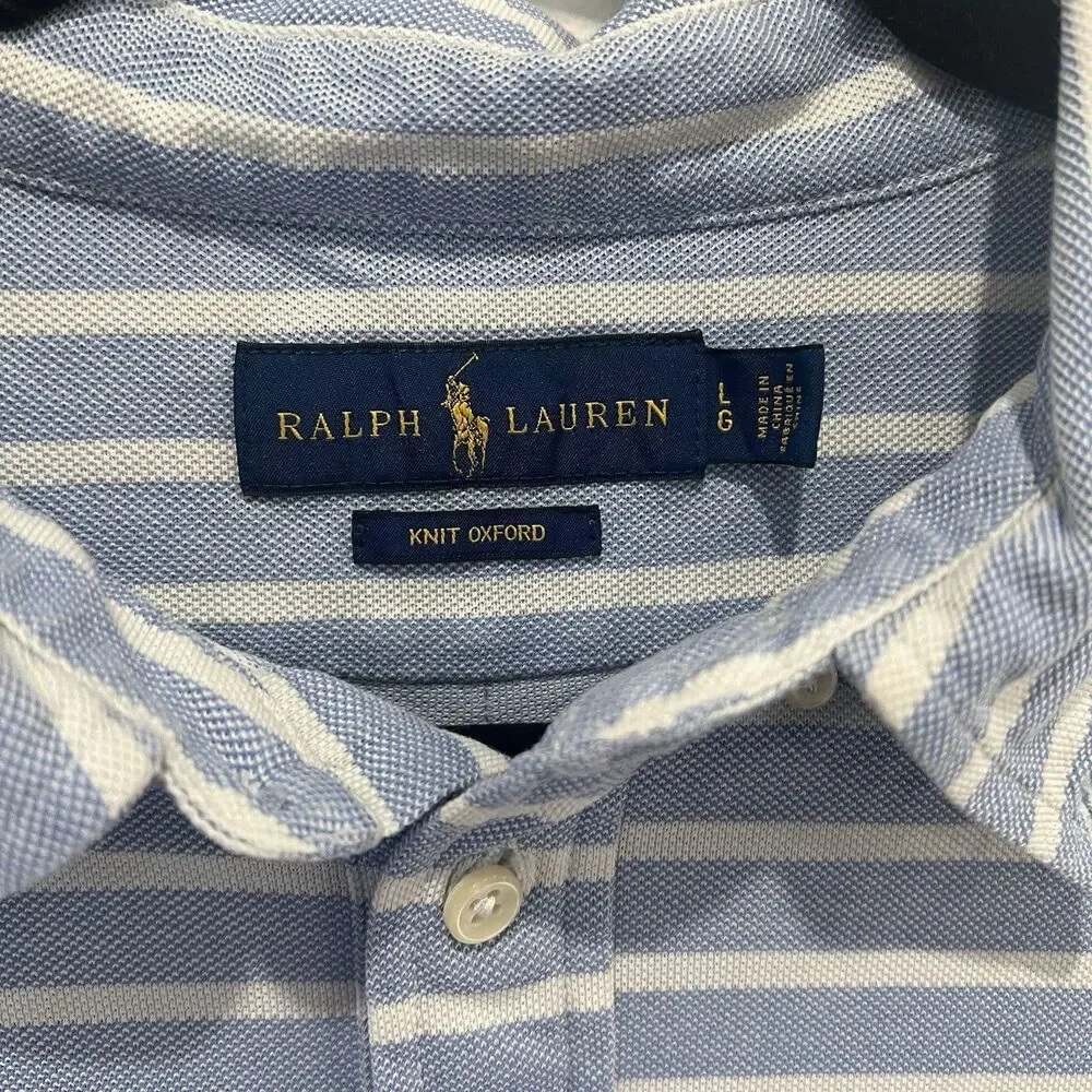 Ralph Lauren Knit Oxford Polo Shirt Mens White Blue Striped Pony Logo Large